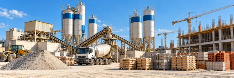محطة خرسانة جاهزة وصوامع أسمنت وخلاطة ومعدات بناء — صورة توضيحية | Ready-mix concrete batching plant, cement silos, mixer and construction equipment — illustrative image