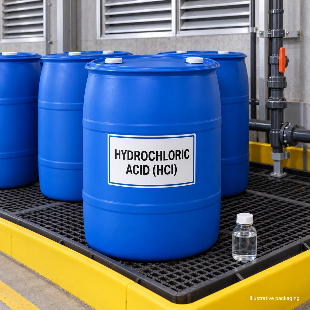 Hydrochloric Acid (HCl) — illustrative packaging Hydrochloric Acid (HCl) — صورة توضيحية أصلية للمادة والتعبئة الصناعية؛ ليست صورة مخزون أو عبوة مورّد معتمدة | Original illustrative chemical packaging